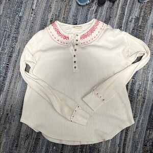 We The Free Ivory Henley with Crimson Embroidery